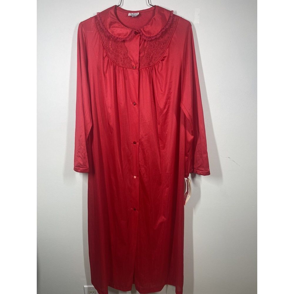 VTG Nancy King Lingerie Red Button Down Nylon House Night Gown Robe Size S NWT